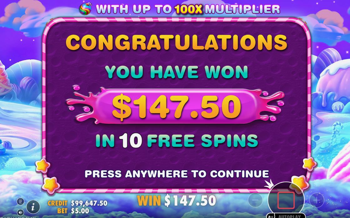 Win screen after a tumble sequence with wins added together